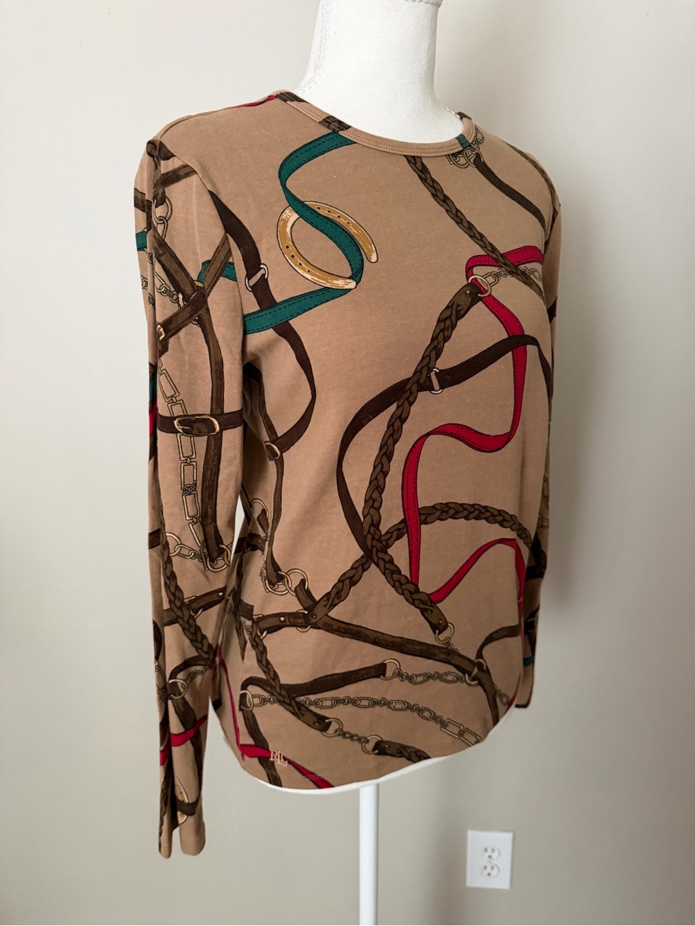 🍁Lauren Ralph Lauren Tan Long-Sleeve Belting Print Top